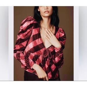 Maeve Blouse Pink Burgundy Plaid Velvet Tie Peplum Size M New With Tags